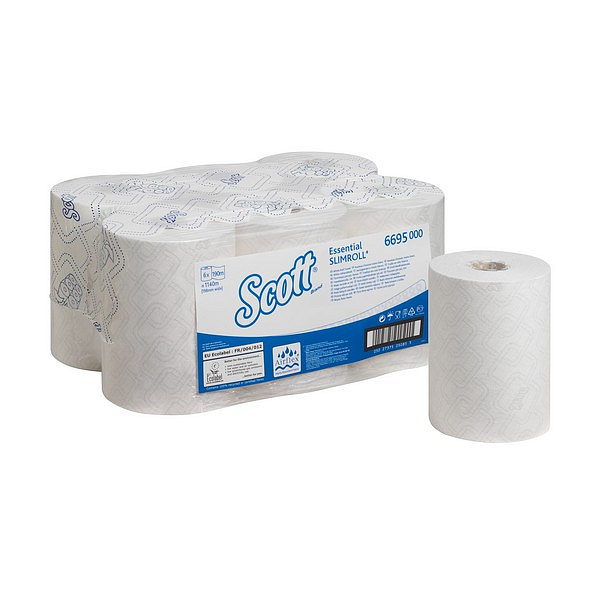 Бумажные полотенца Kimberly-Clark  в рулонах Scott® Essential SlimRoll белые однослойные (6 рулонов х 190 метров)